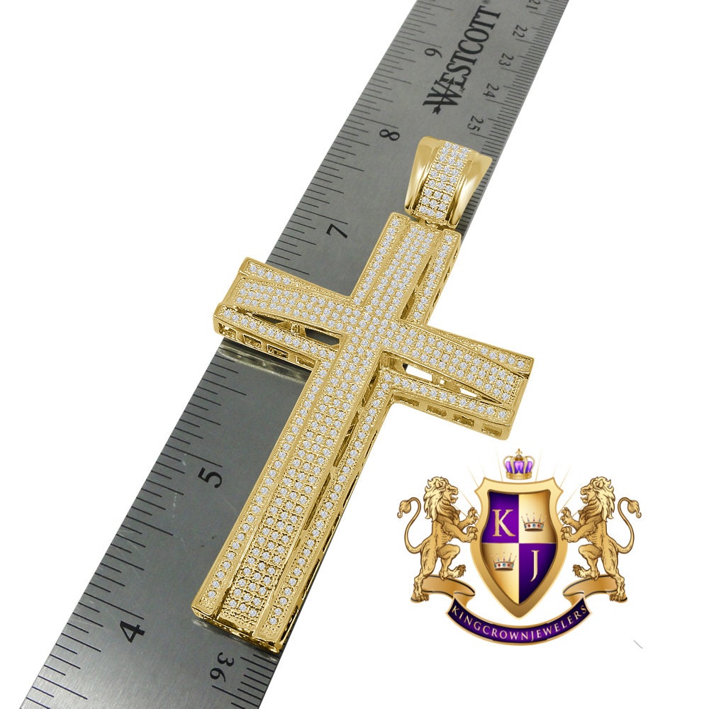 High Quality AAA+ Cubic Zirconia Yellow Gold Finish Jesus Cross Pendent Charm XL Big 3.5''