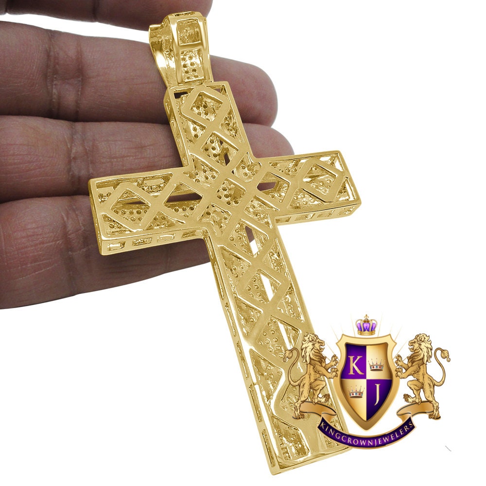 High Quality AAA+ Cubic Zirconia Yellow Gold Finish Jesus Cross Pendent Charm XL Big 3.5''