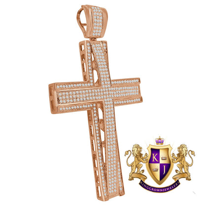 High Quality AAA+ Cubic Zirconia Rose Gold Copper Tone Jesus Cross Pendent Charm XL Big 3.5''
