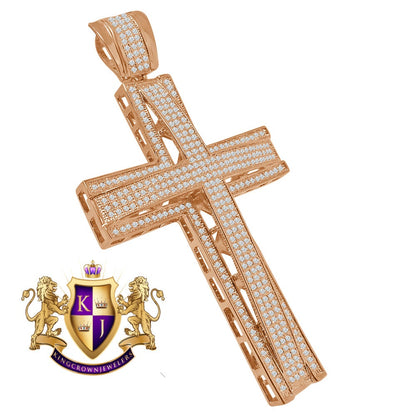 High Quality AAA+ Cubic Zirconia Rose Gold Copper Tone Jesus Cross Pendent Charm XL Big 3.5''
