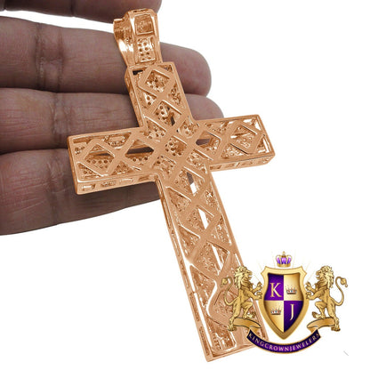 High Quality AAA+ Cubic Zirconia Rose Gold Copper Tone Jesus Cross Pendent Charm XL Big 3.5''