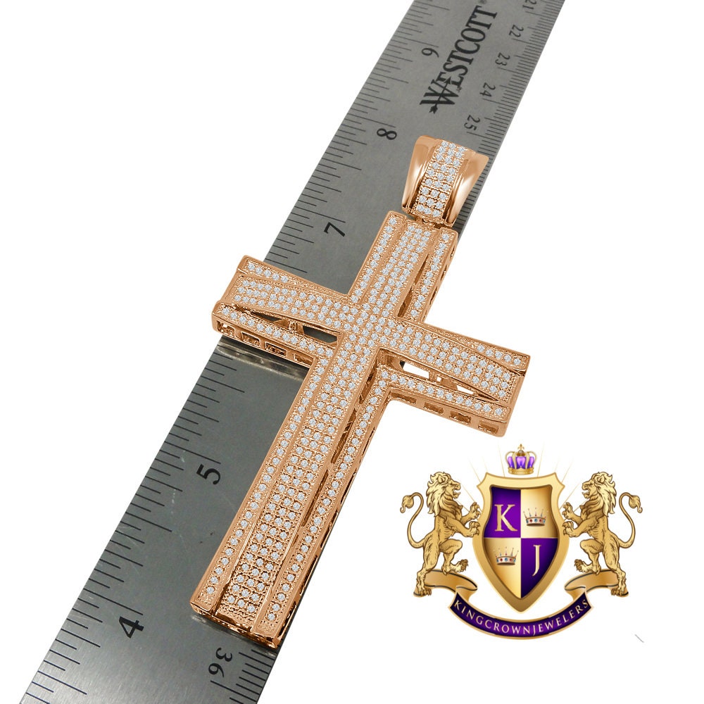High Quality AAA+ Cubic Zirconia Rose Gold Copper Tone Jesus Cross Pendent Charm XL Big 3.5''