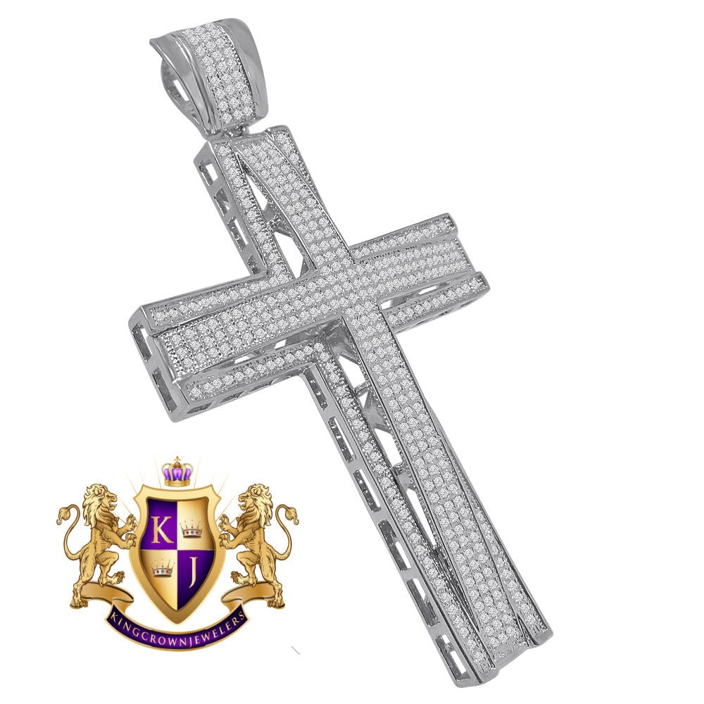 High Quality AAA+ Cubic Zirconia White Gold Finish Jesus Cross Pendent Charm XL Big 3.5''
