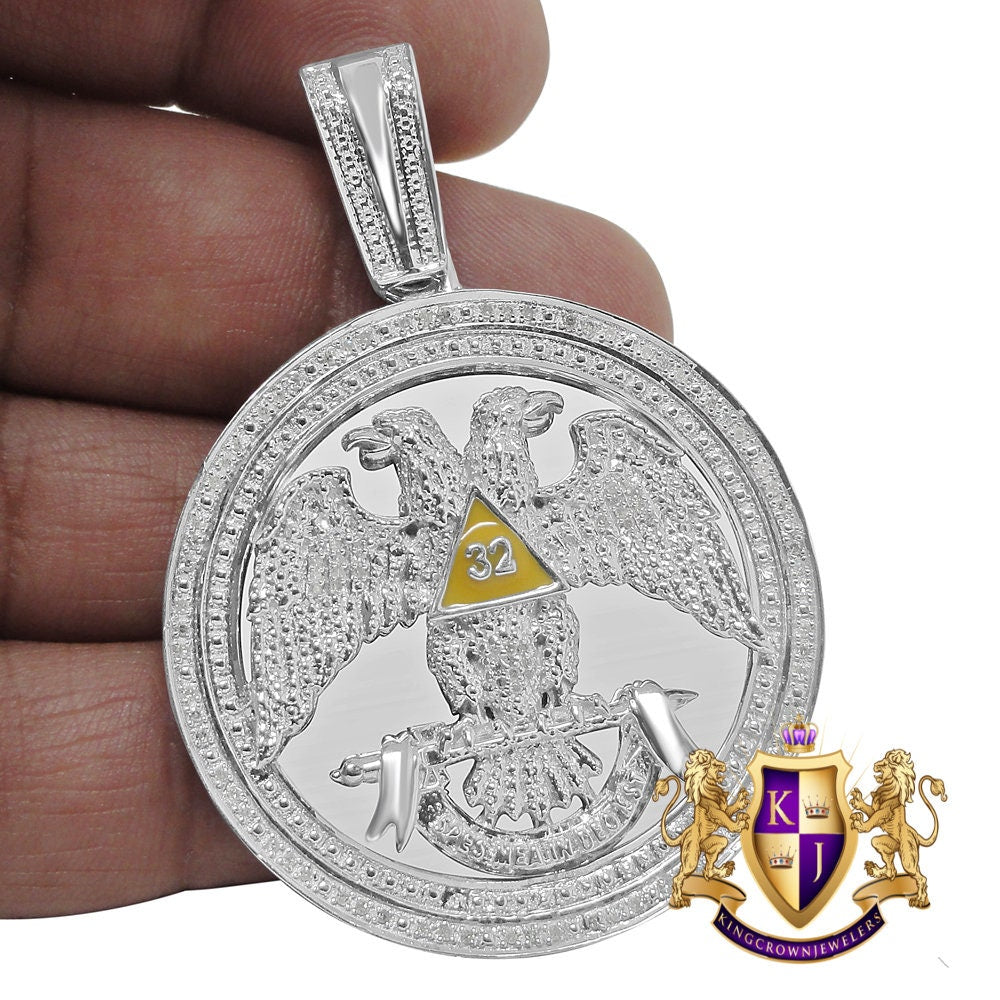 Mens Real Genuine Diamond Scottish Rite 32nd Degree Masonic Eagle Freemason Round  Pendent Charm Medallion 2.35''