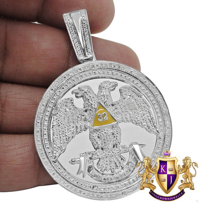 Mens Real Genuine Diamond Scottish Rite 32nd Degree Masonic Eagle Freemason Round  Pendent Charm Medallion 2.35''