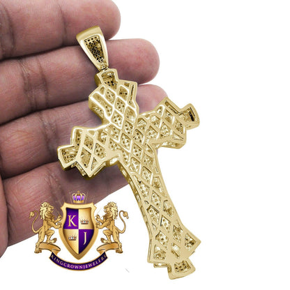 Canary 14K Yellow Gold Finish Simulated Diamond Jesus Cross Custom Designer Charm Pendent Big 3.5''
