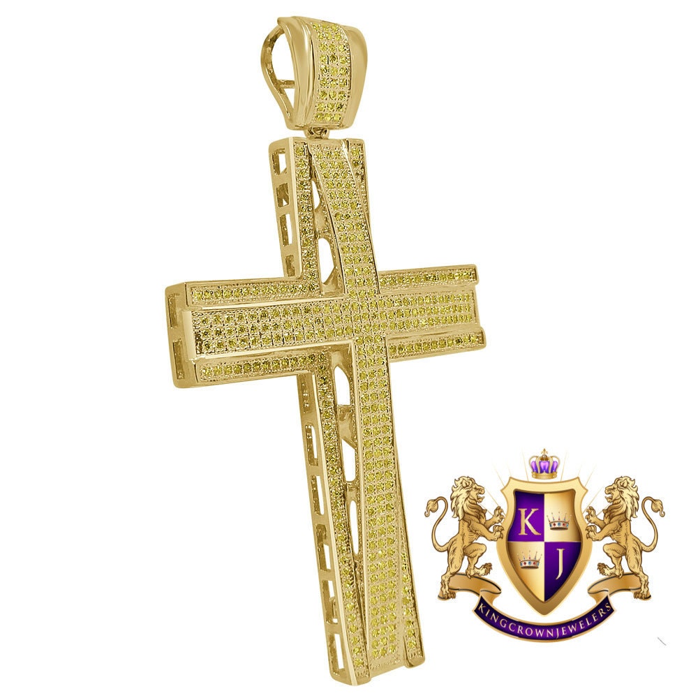 High Quality AAA+ Canary Cubic Zirconia Yellow Gold Finish Jesus Cross Pendent Charm XL Big 3.5''