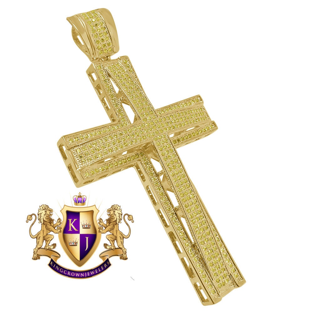High Quality AAA+ Canary Cubic Zirconia Yellow Gold Finish Jesus Cross Pendent Charm XL Big 3.5''