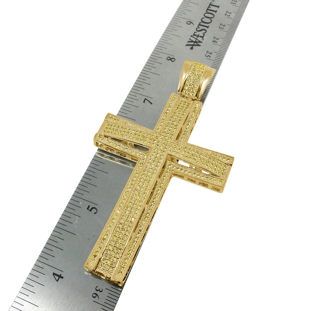 High Quality AAA+ Canary Cubic Zirconia Yellow Gold Finish Jesus Cross Pendent Charm XL Big 3.5''