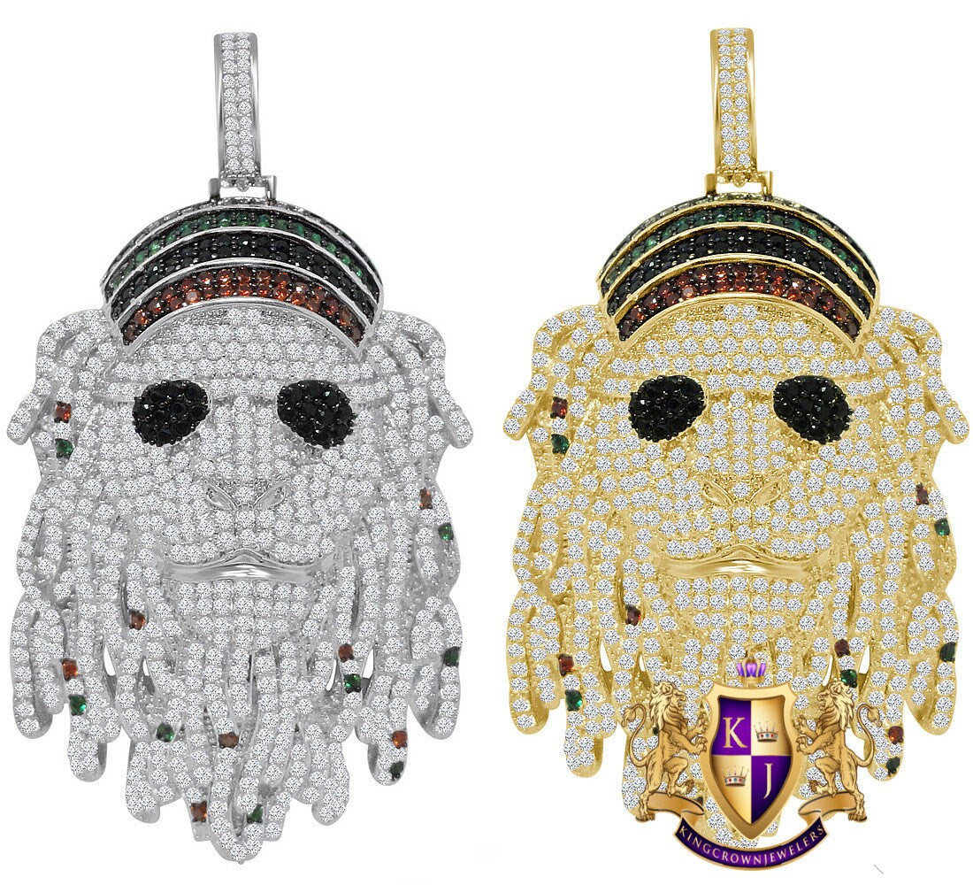 Custom Rasta Jamaican Lion Face Bling Glasses Pendant Simulated Diamonds Charm 14K Yellow Gold Finish 2.75''