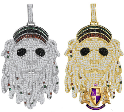 Custom Rasta Jamaican Lion Face Bling Glasses Pendant Simulated Diamonds Charm 14K Yellow Gold Finish 2.75''
