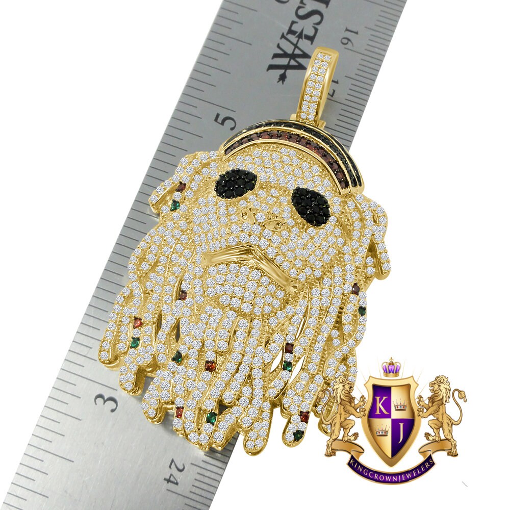 Custom Rasta Jamaican Lion Face Bling Glasses Pendant Simulated Diamonds Charm 14K Yellow Gold Finish 2.75''