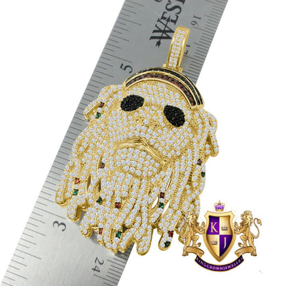 Custom Rasta Jamaican Lion Face Bling Glasses Pendant Simulated Diamonds Charm 14K Yellow Gold Finish 2.75''
