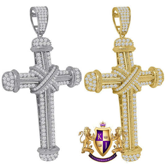 Real Genuine Sterling Silver 14K Gold Finish Simulated Diamonds Holy Jesus Cross Pendent Charm Big XL 3.30''