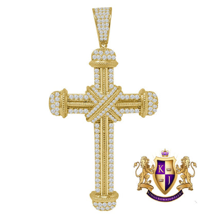 Big 2.75'' Real Genuine Sterling Silver 14K Gold Finish Simulated Diamond Holy Jesus Cross Custom Pendent Charm