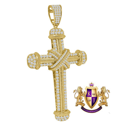 Big 2.75'' Real Genuine Sterling Silver 14K Gold Finish Simulated Diamond Holy Jesus Cross Custom Pendent Charm