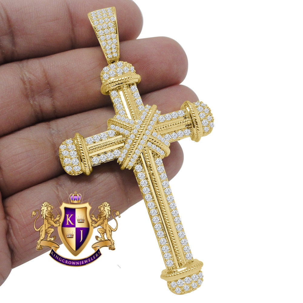 Big 2.75'' Real Genuine Sterling Silver 14K Gold Finish Simulated Diamond Holy Jesus Cross Custom Pendent Charm