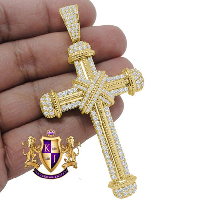 Big 2.75'' Real Genuine Sterling Silver 14K Gold Finish Simulated Diamond Holy Jesus Cross Custom Pendent Charm