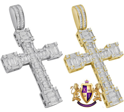 Baguette Big 2.75'' 14K Gold Finish Simulated Diamond Jesus Cross Custom Pendent Charm