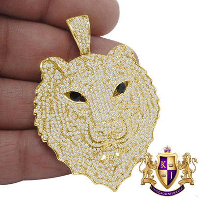 Men's Custom Piece Black Onyx Eye Lion Head 14K Gold Finish Simulated Diamonds Pave Pendent Charm