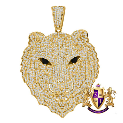 Men's Custom Piece Black Onyx Eye Lion Head 14K Gold Finish Simulated Diamonds Pave Pendent Charm