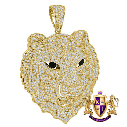 Men's Custom Piece Black Onyx Eye Lion Head 14K Gold Finish Simulated Diamonds Pave Pendent Charm
