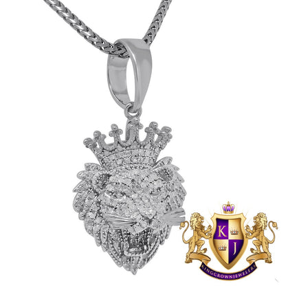 Real Genuine Authentic Diamond 0.75 Cwt. Lion Head Crown Face Mini Pendant Custom Piece Charm Chain Set 10K Gold Finish Small 1.35''