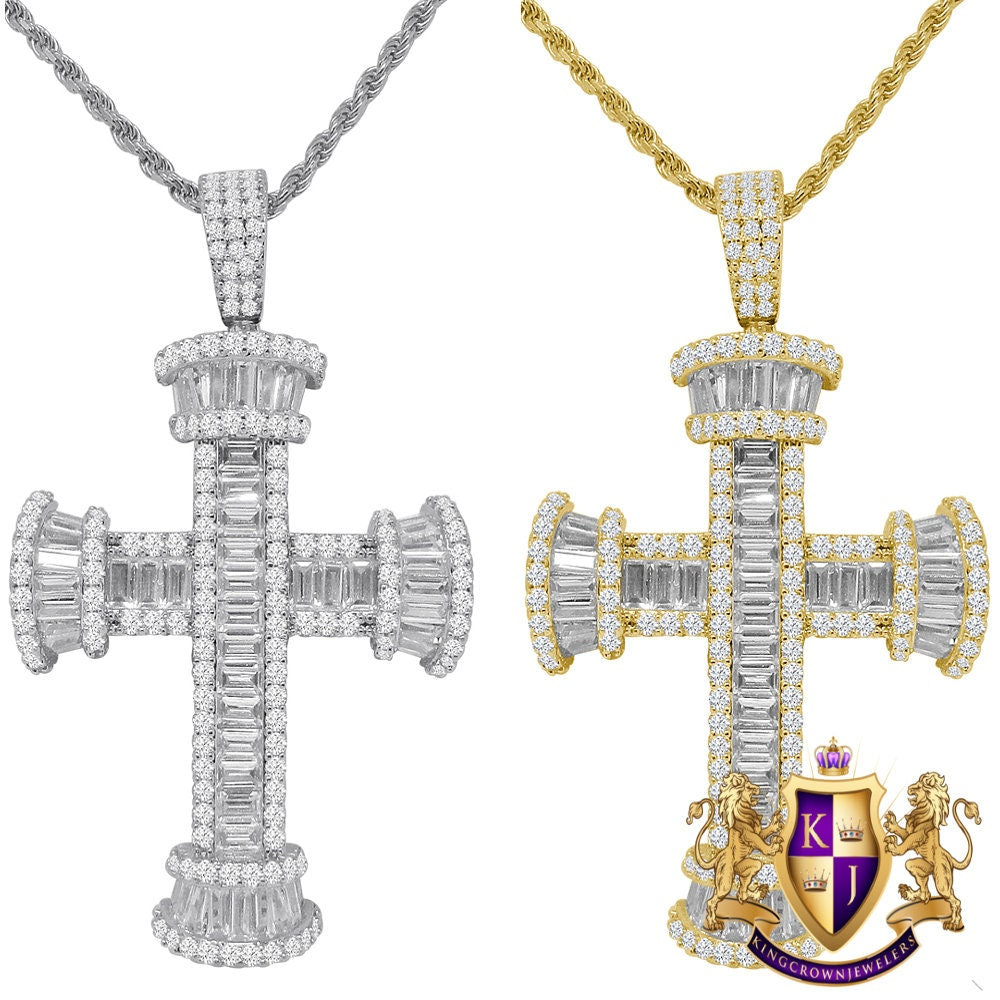 Genuine Sterling Silver Baguette 14K Gold Finish Simulated Diamond Holy Jesus Cross Charm Pendent Chain Set 2''