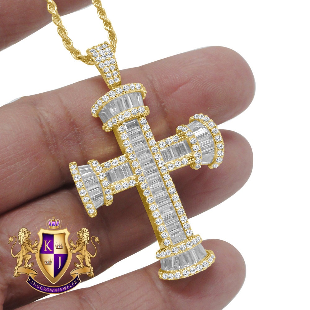 Genuine Sterling Silver Baguette 14K Gold Finish Simulated Diamond Holy Jesus Cross Charm Pendent Chain Set 2''