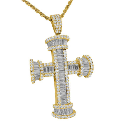 Genuine Sterling Silver Baguette 14K Gold Finish Simulated Diamond Holy Jesus Cross Charm Pendent Chain Set 2''