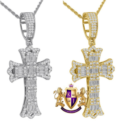 Men's Baguette 14K Gold Finish Simulated Diamond Jesus Cross Charm Pendent Rope Chain Set 2.5''