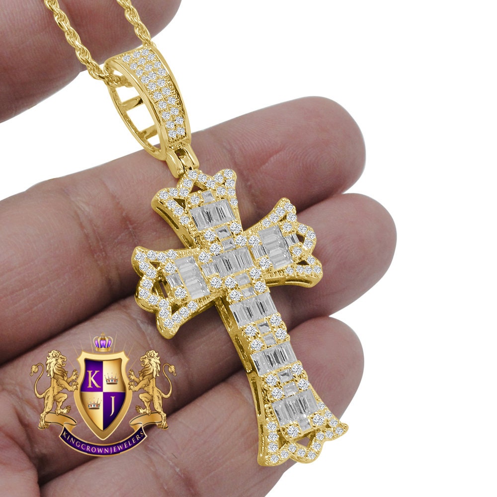Men's Baguette 14K Gold Finish Simulated Diamond Jesus Cross Charm Pendent Rope Chain Set 2.5''