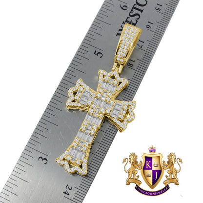 Men's Baguette 14K Gold Finish Simulated Diamond Jesus Cross Charm Pendent Rope Chain Set 2.5''