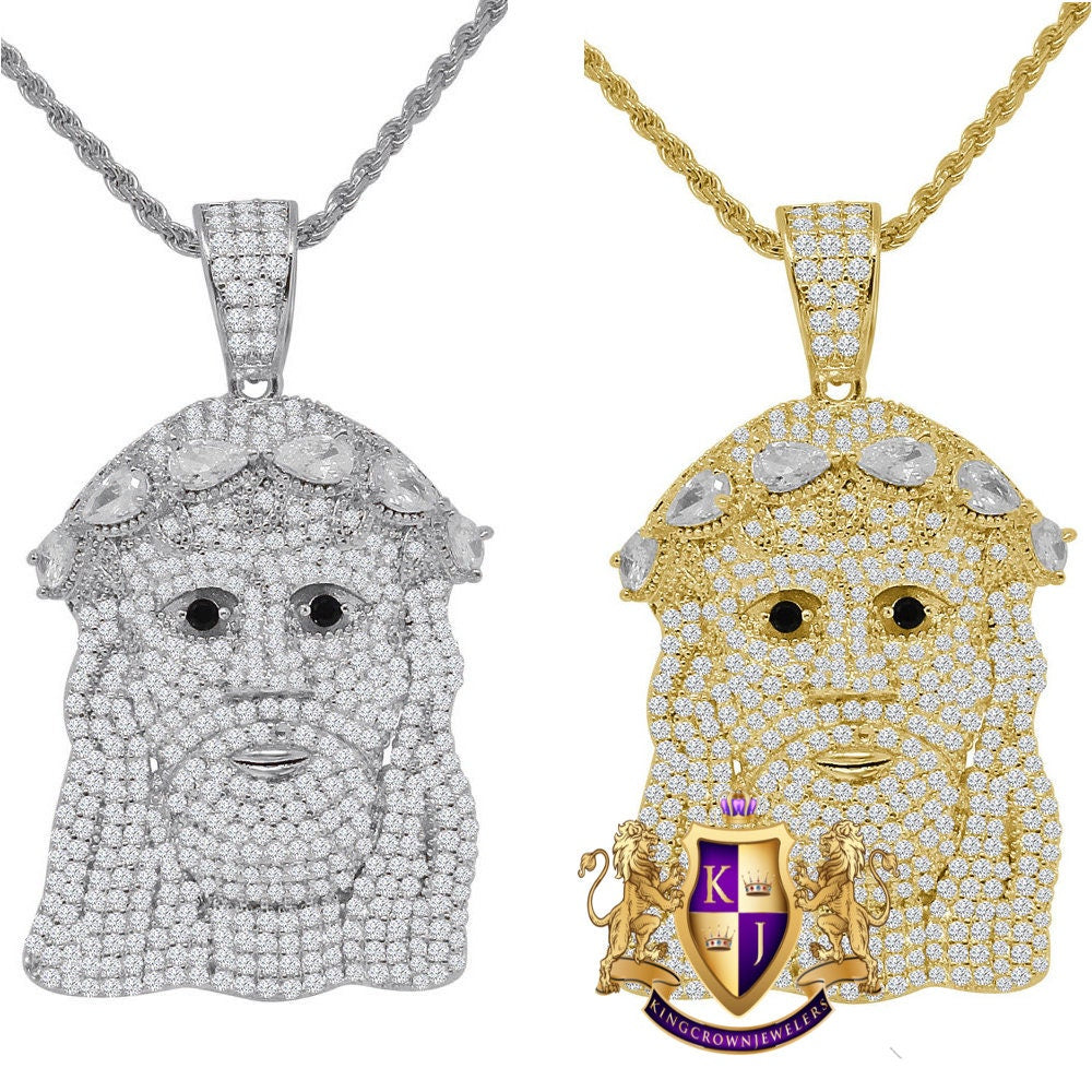14K Gold Finish Simulated Diamond Holy Jesus Face Charm Pendent Chain Set 2''