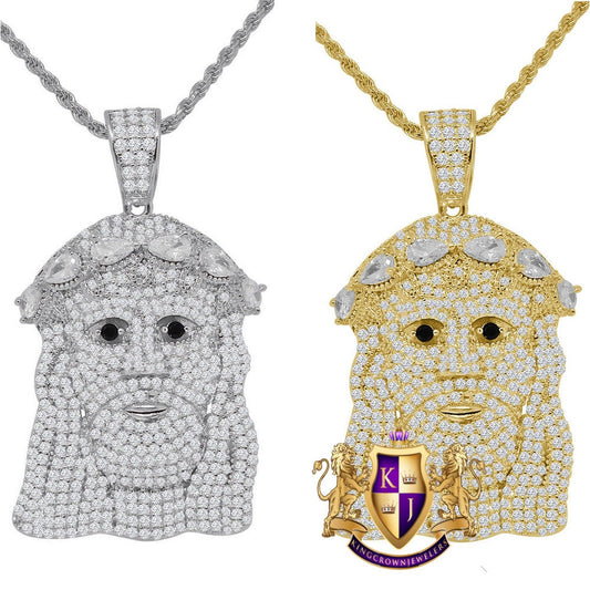 14K Gold Finish Simulated Diamond Holy Jesus Face Charm Pendent Chain Set 2''
