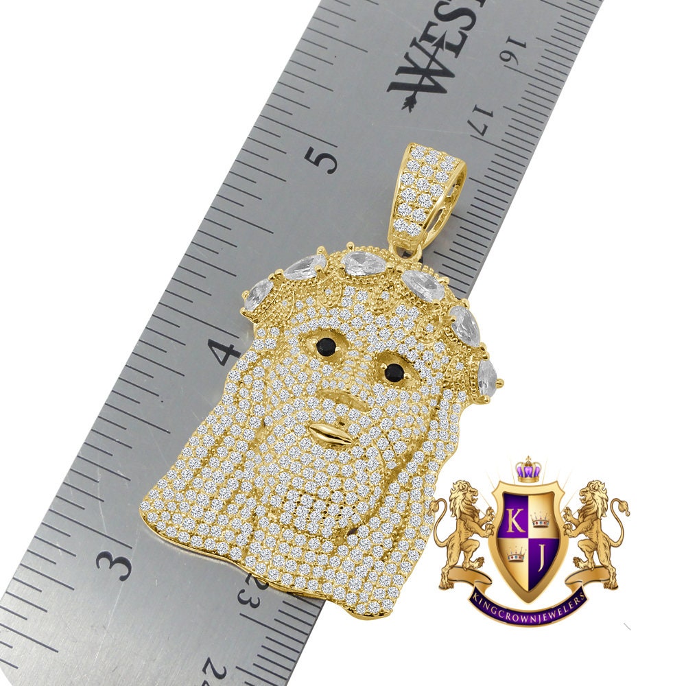 14K Gold Finish Simulated Diamond Holy Jesus Face Charm Pendent Chain Set 2''