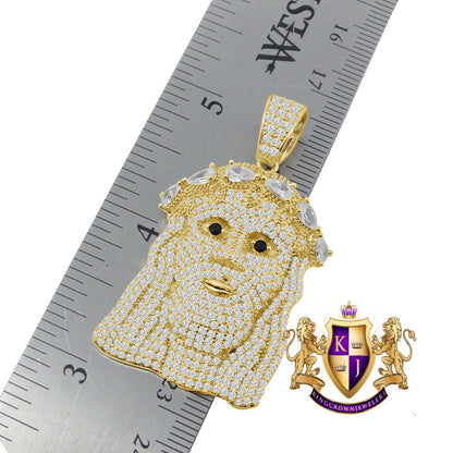 14K Gold Finish Simulated Diamond Holy Jesus Face Charm Pendent Chain Set 2''