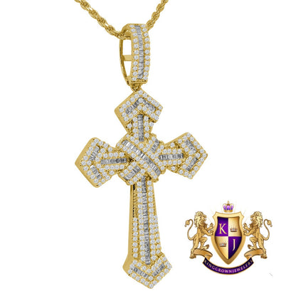 Baguette Yellow Gold Finish Simulated Diamond Holy Jesus Cross Charm Pendent Chain Set 2.5''