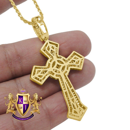 Baguette Yellow Gold Finish Simulated Diamond Holy Jesus Cross Charm Pendent Chain Set 2.5''