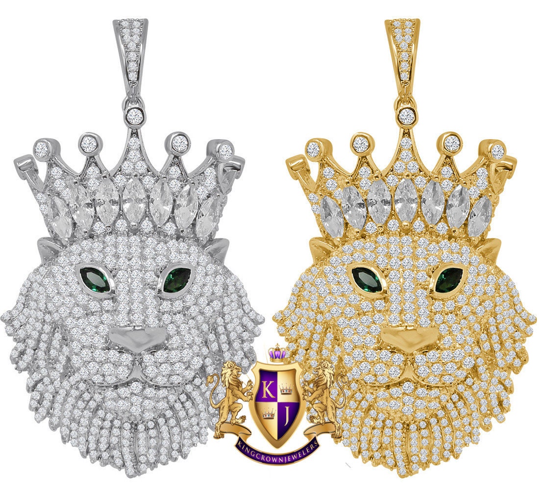 Men's Baguette Custom Piece Simulated Diamond Green Emerald Eye Lion Head Crown Face Pendent Charm 2.25''