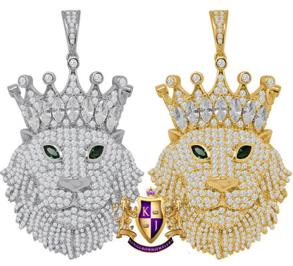 Men's Baguette Custom Piece Simulated Diamond Green Emerald Eye Lion Head Crown Face Pendent Charm 2.25''