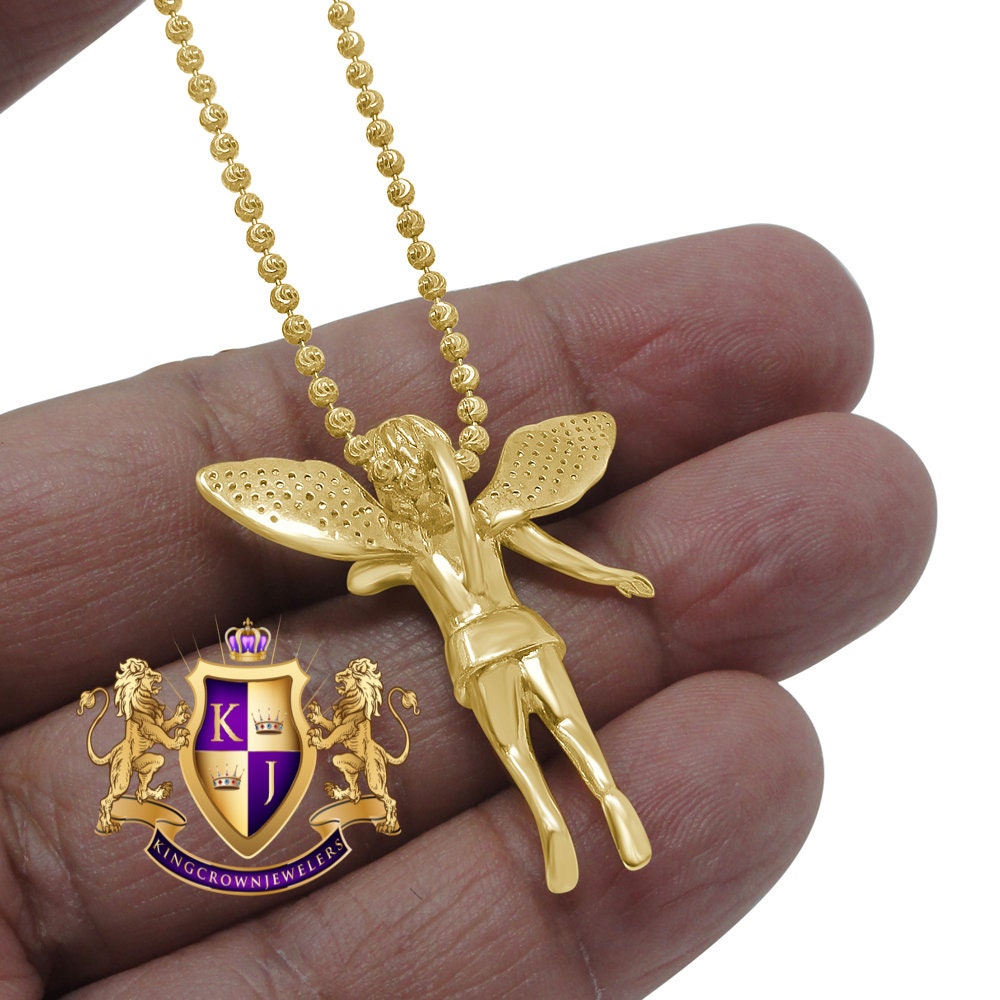 Real Genuine Diamond Angel Wings Pendent Charm Chain Set 10K Yellow Gold Finish 1.30'''