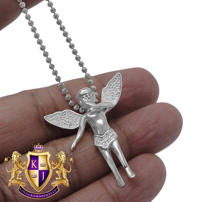 Real Genuine Diamond Angel Wings Pendent Charm Chain Set 10K White Gold Finish 1.30'''