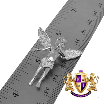 Real Genuine Diamond Angel Wings Pendent Charm Chain Set 10K White Gold Finish 1.30'''