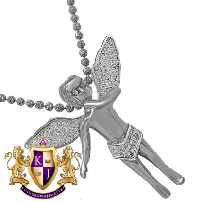 Real Genuine Diamond Angel Wings Pendent Charm Chain Set 10K White Gold Finish 1.30'''