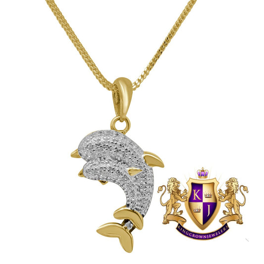 Real Genuine Diamond Dolphin Fish Mini Pendent Charm Chain Set 10K Yellow Gold Finish 1.00''