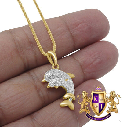 Real Genuine Diamond Dolphin Fish Mini Pendent Charm Chain Set 10K Yellow Gold Finish 1.00''