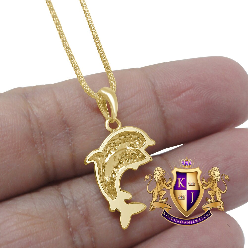 Real Genuine Diamond Dolphin Fish Mini Pendent Charm Chain Set 10K Yellow Gold Finish 1.00''