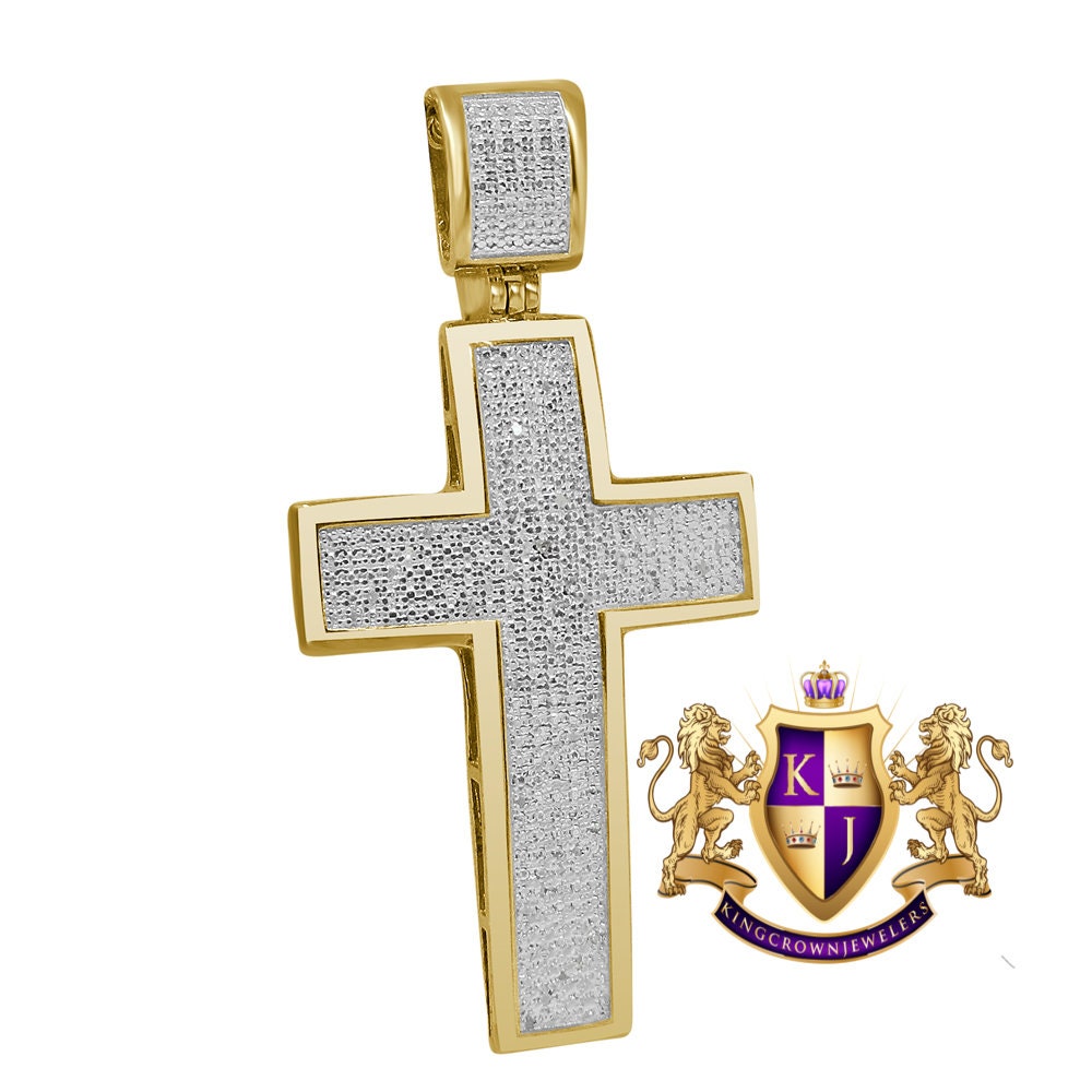 Real Genuine Diamond 0.75 Cwt. Holy Jesus Cross Pendent Charm 10K Yellow Gold Finish 2''