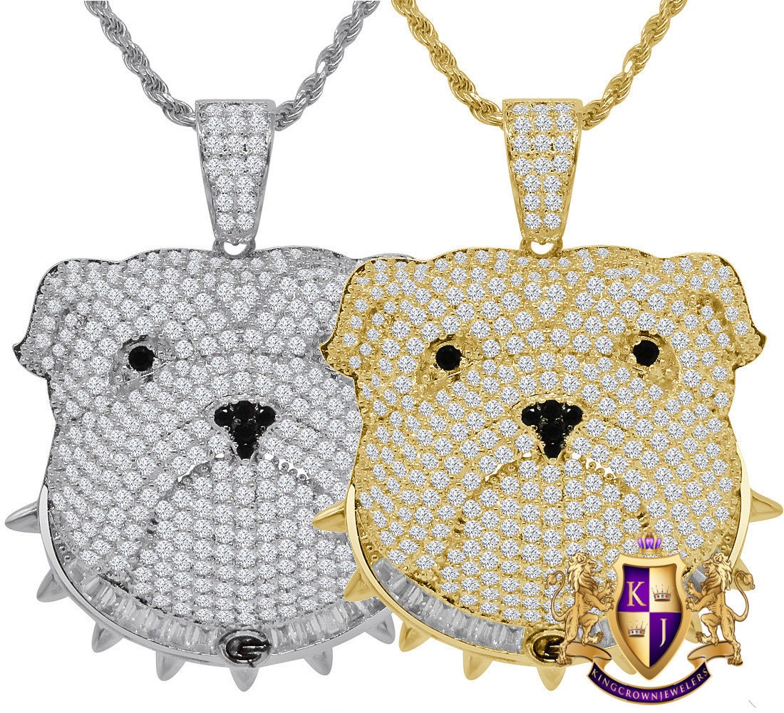 14K Gold Finish Simulated Diamond Bull Dog Custom Charm Animal Pendent Chain Set 1.75''